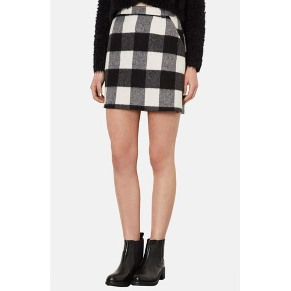 Topshop Women's black white buffalo plaid mini skirt wool blend pockets zip 2 xs